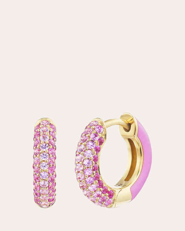 18K Yellow Gold Baby Duo Hoop Earrings with Sapphires, Rubies and Pink Enamel